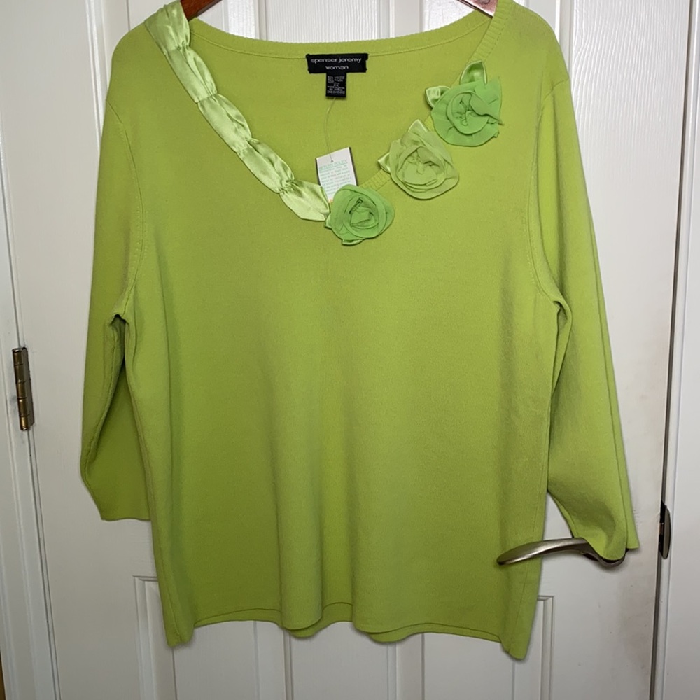 Spencer Jeremy Neon Green Sweater with Roses Y2K Women’s Plus Size 2X